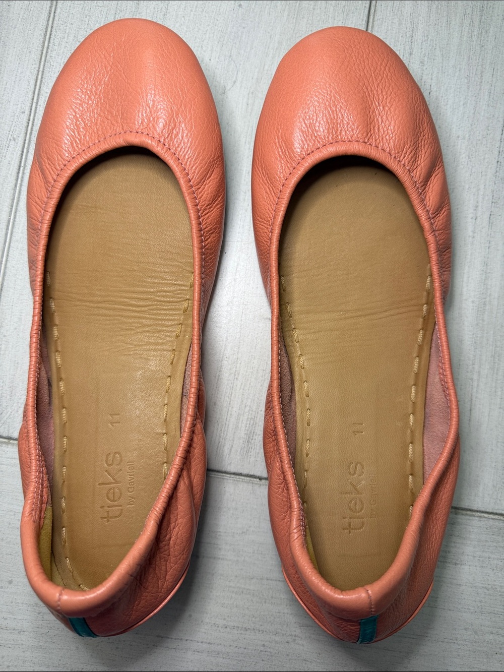 Tieks Peach Poppy Leather Ballet Flats with Teal Heel Tab - Picture 2 of 5